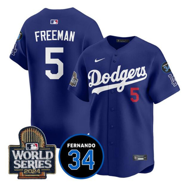 Los Angeles Dodgers #5 Freddie Freeman Royal 2024 World Series With Fernando Memorial Patch Limited Stitched Jersey - Click Image to Close